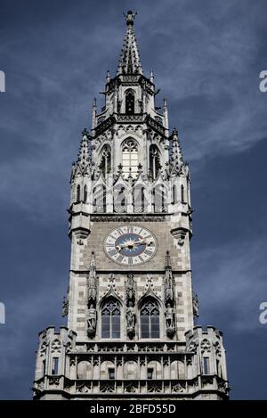 View on neo-gothic main tower of town hall at Marienplatz in Munich, Germany Stock Photo