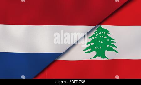 Two states flags of Netherlands and Lebanon. High quality business background. 3d illustration Stock Photo