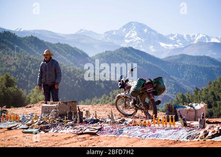 Roadside seller in the Atlas mountains, Morocco. Stock Photo