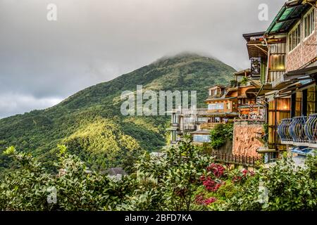 Tea houses balcony and Mount Keelung in Jiufen Taiwan Stock Photo