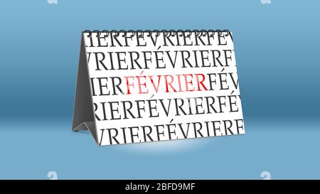 A calendar for the desk shows the French month of Fevrier (February in English language) Stock Photo
