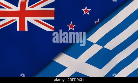 Two states flags of New Zealand and Greece. High quality business background. 3d illustration Stock Photo