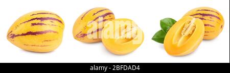 Fresh Pepino fruit with leaves isolated on white background. Set or collection. Stock Photo