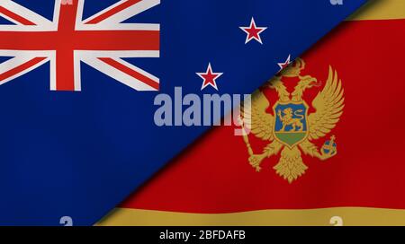 Two states flags of New Zealand and Montenegro. High quality business background. 3d illustration Stock Photo