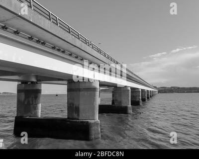 A black and white photograph of the Tay Road Bridge, spanning South from Dundee to Newport-On-Tay. Stock Photo