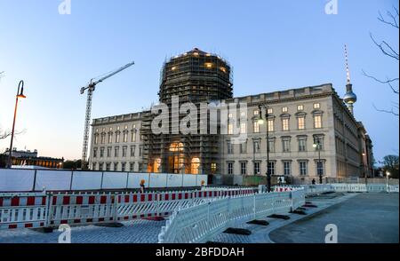 Berlin, Germany. 10th Apr, 2020. The facade of the Berlin Palace at dusk in the evening. Credit: Jens Kalaene/dpa-Zentralbild/ZB/dpa/Alamy Live News Stock Photo