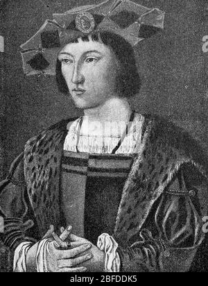 Charles VIII the Friendly or the Courtly, Charles VIII l'Affable or le Courtois, 30 June 1470 - 7 April 1498, was King of France from 1483 to 1498  /  Karl VIII. der Freundliche oder der Höfisch, Charles VIII l'Affable oder le Courtois, 30. Juni 1470 - 7. April 1498, war von 1483 bis 1498 König von Frankreich, Historisch, historical, digital improved reproduction of an original from the 19th century / digitale Reproduktion einer Originalvorlage aus dem 19. Jahrhundert Stock Photo