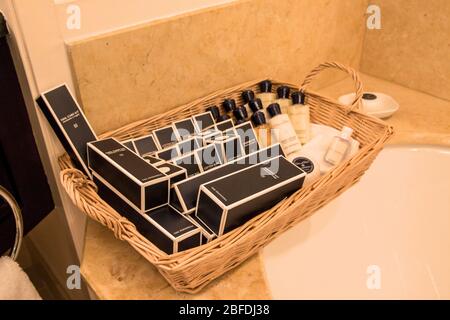 CHICAGO, ILLINOIS, UNITED STATES - DEC 12th, 2015: Hotel amenities kit in the toilet of a luxus suite Stock Photo