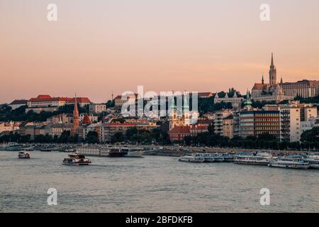 Night of Buda castle district and Danube river in Budapest, Hungary Stock Photo