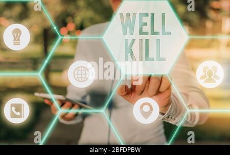 Writing note showing Well Kill. Business concept for operation of placing a column of heavy fluid into a well bore Stock Photo