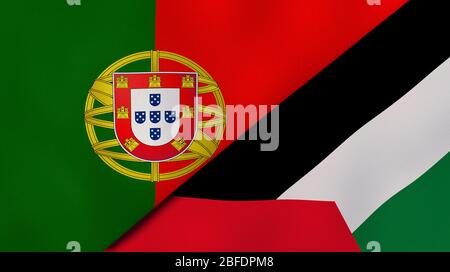 Two states flags of Portugal and Palestine. High quality business background. 3d illustration Stock Photo