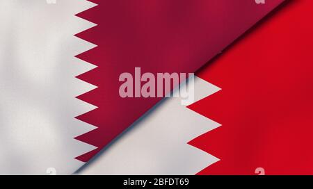 Two states flags of Qatar and Bahrain. High quality business background. 3d illustration Stock Photo