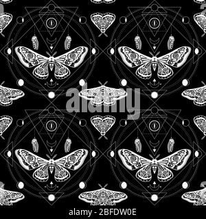 Night moth, butterfly pupa. Sacred geometry, esoteric symbols. Black and white illustration. Seamless pattern Stock Photo