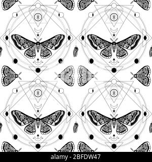 Night moth, butterfly pupa. Sacred geometry, esoteric symbols. Black and white illustration. Seamless pattern Stock Photo