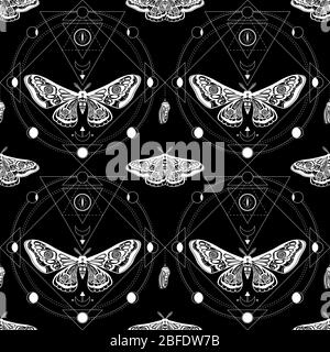 Night moth, butterfly pupa. Sacred geometry, esoteric symbols. Black and white illustration. Seamless pattern Stock Photo