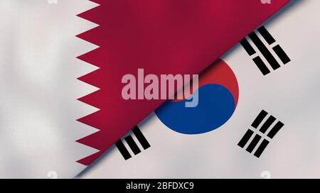 Two states flags of Qatar and South Korea. High quality business background. 3d illustration Stock Photo