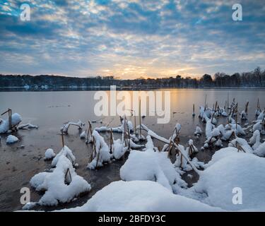 Snows clings to grasses along a lakeshore in Central Connecticut as dawn approaches on a cold, winter morning (Hanover Pond, Meriden, Connecticut). Stock Photo