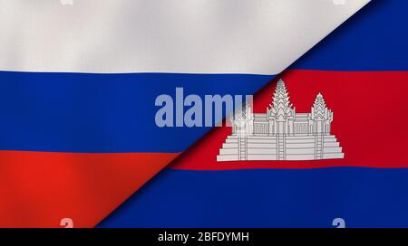 Two states flags of Russia and Cambodia . High quality business background. 3d illustration Stock Photo