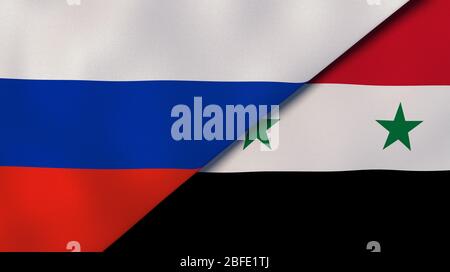 Two states flags of Russia and Syria. High quality business background. 3d illustration Stock Photo