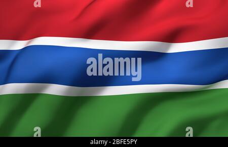 Flag of Gambia blowing in the wind. Full page Gambian flying flag. 3D illustration. Stock Photo