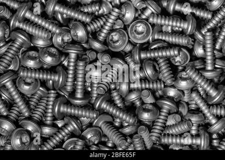 A huge arrenge of taping metal or iron screws, screws background, wallpaper, texture, industrial background and concept Stock Photo