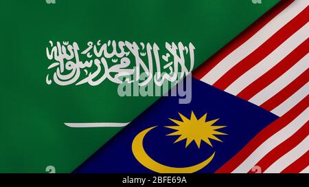 Two states flags of Saudi Arabia and Malaysia. High quality business background. 3d illustration Stock Photo