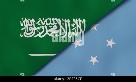 Two states flags of Saudi Arabia and Micronesia. High quality business background. 3d illustration Stock Photo