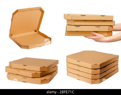Pizza cardboard boxes collection isolated on white. Stock Photo