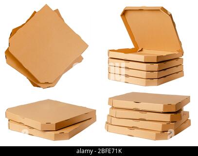 Pizza cardboard boxes collection isolated on white. Stock Photo