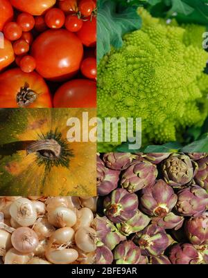 A collage of 5 colourful vegetable types: romanesco cauliflower, artichokes, pumpkin, button onions & a variety of tomatoes (including cherry & plum) Stock Photo