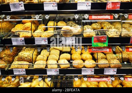 Various leavened breads in a shop Stock Photo