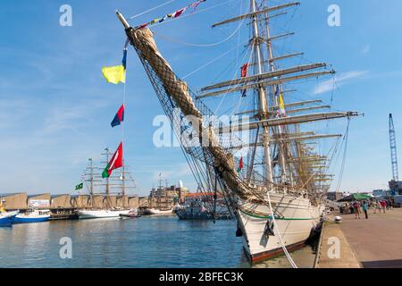 Scheveningen harbor, the Netherlands - June 23 2019: Scheveningen harbour with Mexicam ARM Cuauhtémoc tall ship Europa during sail event of visit from Stock Photo