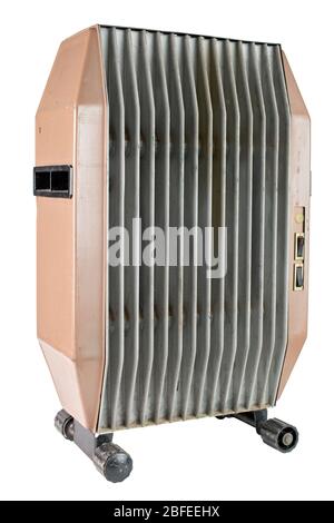 dirty old domestic electrical air heater isolated on white background Stock Photo