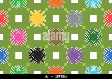 Seamless geometric pattern, texture or background vector in green, blue, red, pink, purple, black, white, grey and brown colors. Stock Vector