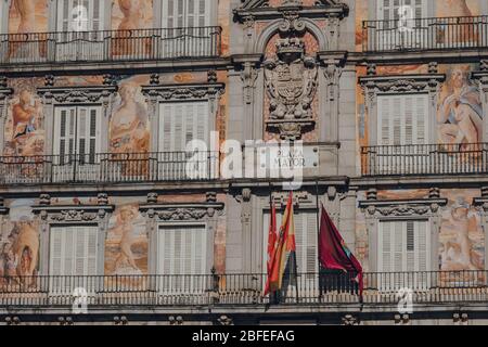 Madrid, Spain - January 26,2020: Facade of Casa de la Panaderia (Bakery House) in Plaza Mayor, a major public space in the heart of Madrid, Spain. Stock Photo