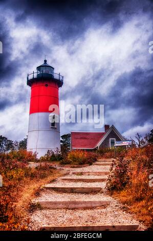 The landmark Nauset Beach Light against a stormy sky in Eastham Massachusetts new england autumn. Stock Photo