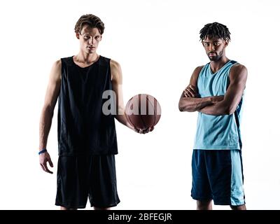 two basketball players men isolated in silhouette shadow on white background Stock Photo