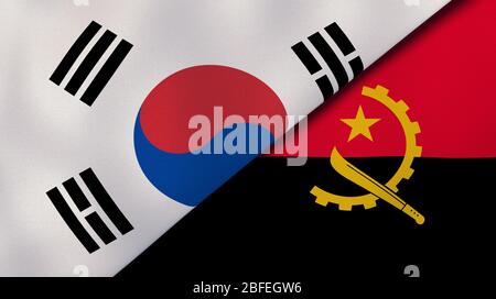 Two states flags of South Korea and Angola. High quality business background. 3d illustration Stock Photo