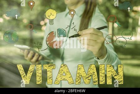 Handwriting text writing Vitamin. Conceptual photo group of organic compounds which are essential for normal growth Stock Photo