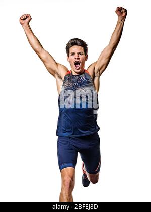 one young caucasian man practicing athletics runner running sprinter sprinting  in studio  isolated on white background Stock Photo