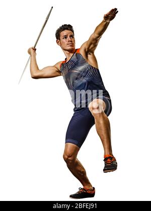 one young caucasian athlete man practicing Javelin  athletics in studio  isolated on white background Stock Photo