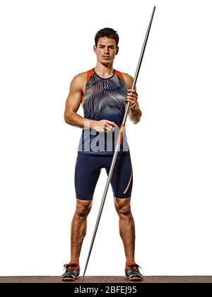 one young caucasian athlete man practicing Javelin  athletics in studio  isolated on white background Stock Photo