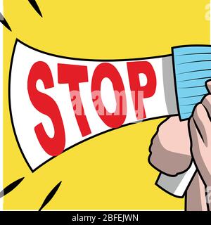 megaphone with stop notice on color background Stock Vector