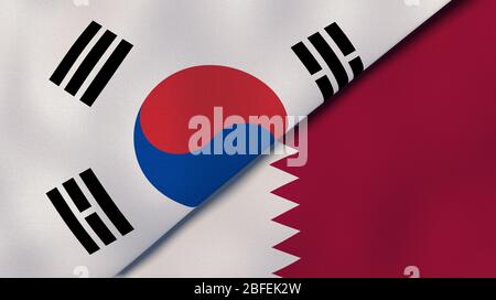 Two states flags of South Korea and Qatar. High quality business background. 3d illustration Stock Photo