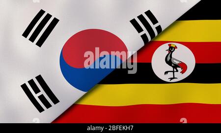Two states flags of South Korea and Uganda. High quality business background. 3d illustration Stock Photo
