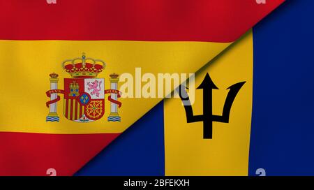 Two states flags of Spain and Barbados. High quality business background. 3d illustration Stock Photo
