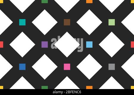 Seamless geometric pattern, texture or background vector in black, white and squares of different colors. Stock Vector