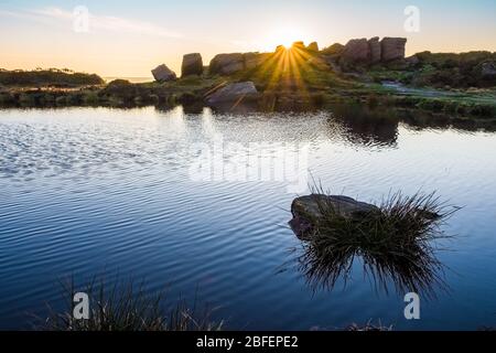 Sunrise over Doxeys Pool at The Roaches in the Peak District National Park. Stock Photo