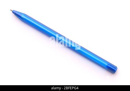 Top view of blue plastic disposable ballpoint pen isolated on white Stock Photo