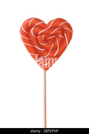 Front view of red striped heart lollipop candy isolated on white Stock Photo